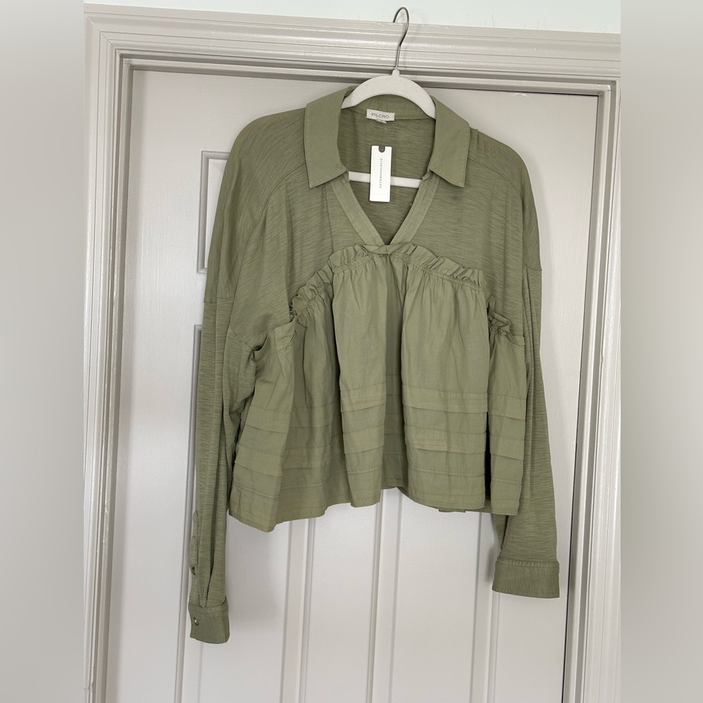 Anthropologie Green Ruffle Blouse